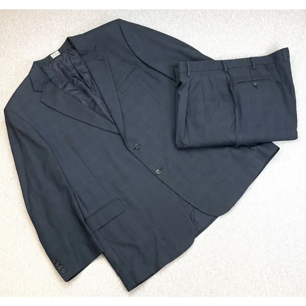 Jos A Bank Suit Mens 50L Plaid 100% Wool Single Breasted Pants 44 x 30 - 2 Piece